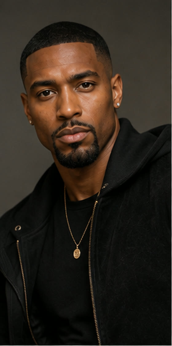 Myles A. Cross, studio portrait in black bomber.
