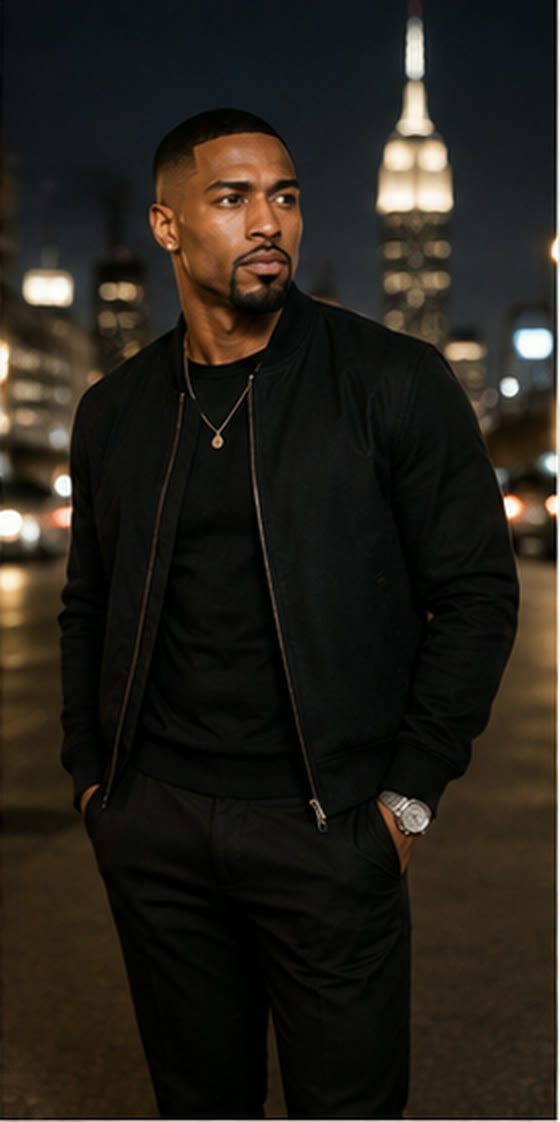 Myles A. Cross on a Manhattan street at night.