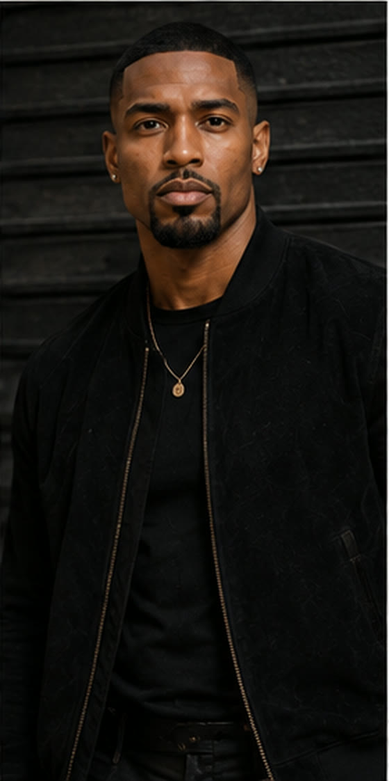 Myles A. Cross against a dark wall, black on black.