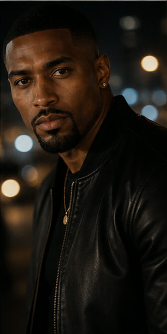 Myles A. Cross at night with city bokeh behind him.