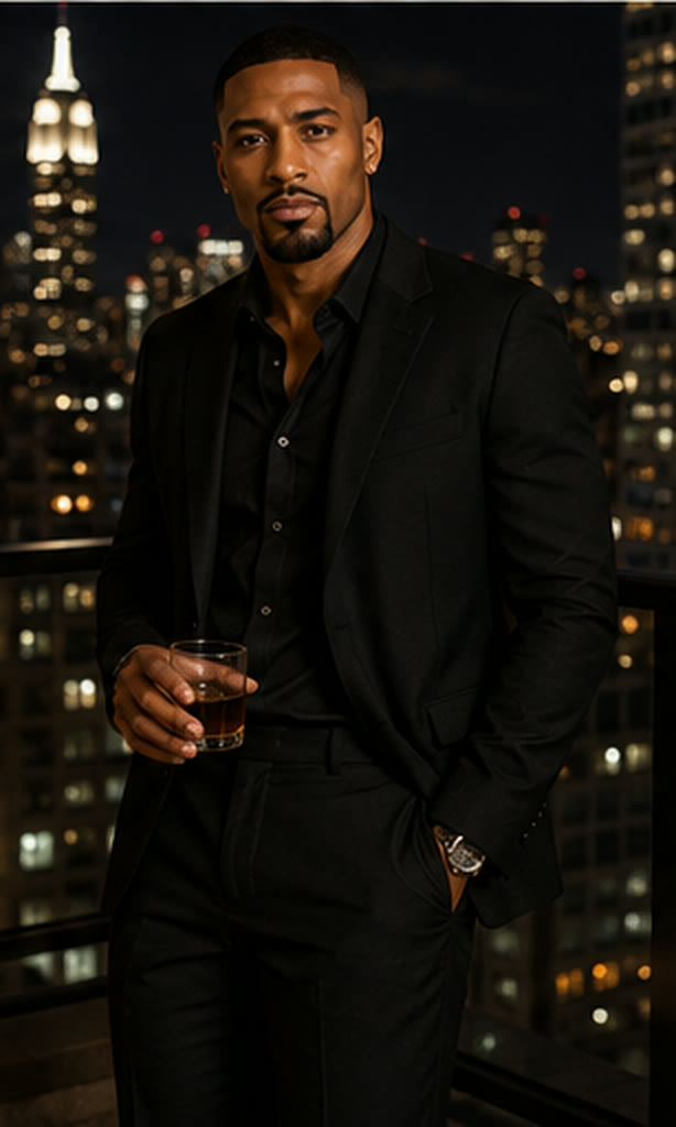 Myles A. Cross on a rooftop terrace overlooking the skyline.