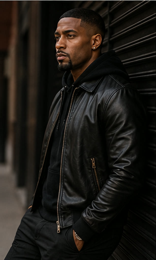 Myles A. Cross in a leather jacket beside a storefront shutter.